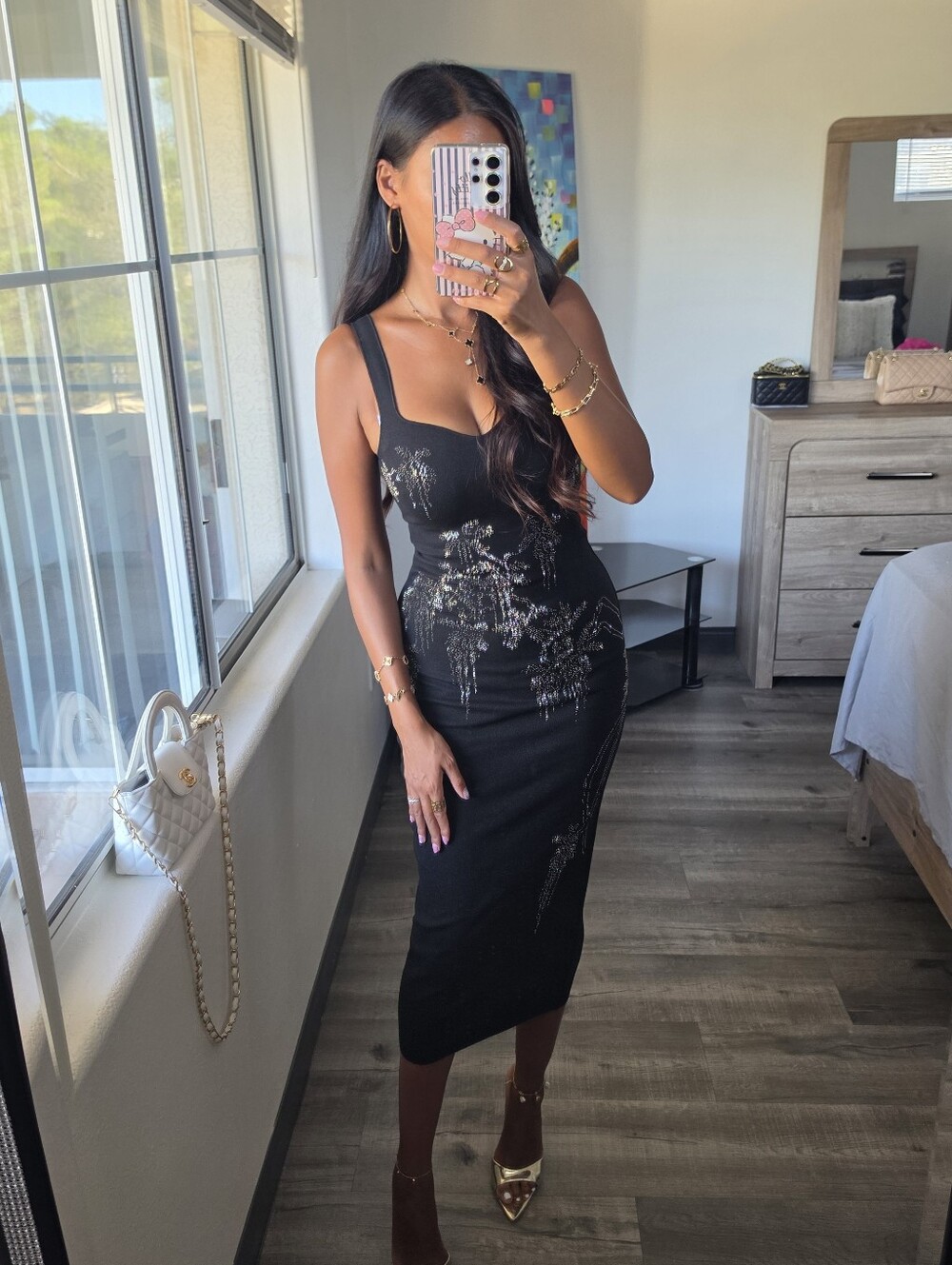 Black Embellished Bodycon Midi Dress - Women's Very Stretchy
